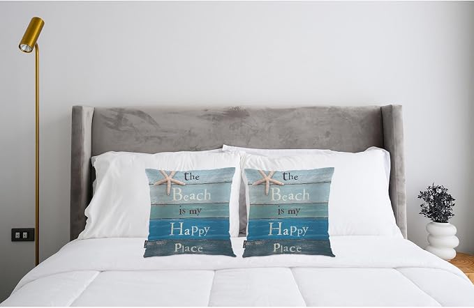 Swono Decorative Square Pillow Covers 18x18 Inch Beach, The Beach is My Happy Place Wooden Quote Polyester Pillow Case Set of 2, Soft Cushion Cover Pillowcases for Home Bedroom Couch Sofa Armchair