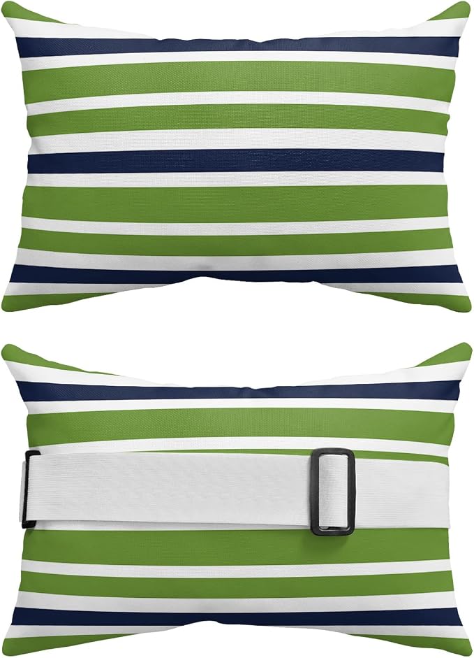 Outdoor Pillow for Chaise Lounge Chair, Green Navy Blue White Geometric Stripes Waterproof Headrest Pillow Lumbar Pillows with Adjustable Elastic Strap for Beach, Poolside, Patio, Office (1 Pack)