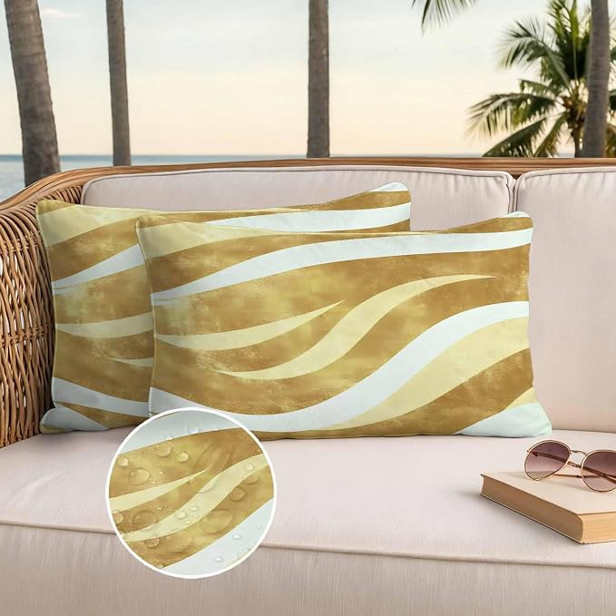 Yellow Pink Waves Waterproof Outdoor Pillow Covers Set of 2 Home Decor, Ombre Sea Ripples Shabby Beach Pillowcase Patio Pillow Covers for Couch Bench Furniture Garden 20x12in