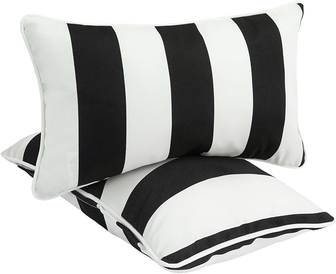 FUNHOME Outdoor Lumbar Pillows for Patio Furniture,12x20 Inch Decorative Pillows Set of 2 with Insert,Hidden Zipper Water Resistant Headrests for Sofa Couch Chair(Black White Stripe)