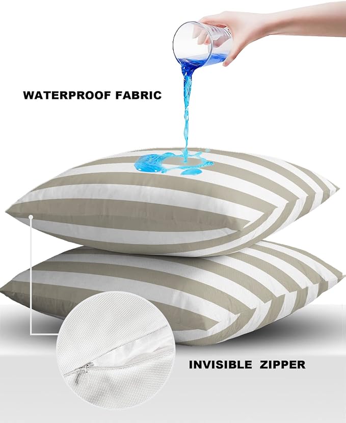 Outdoor Waterproof Pillow Covers for Patio Furniture Solid Striped Decorative Throw Pillow Cover Beige Pillowcases Set of 2 Cushion Case for Sofa Couch Chair Home Decor 26 x 26 Inches