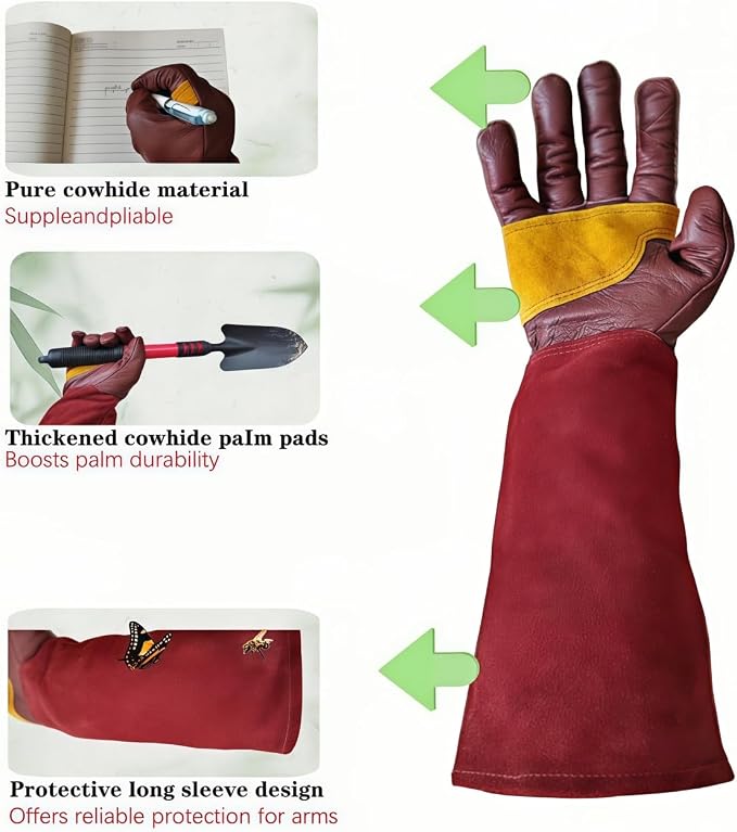 Cow Leather Gardening Gloves, Adjustable&Thorn Proof,Cactus Handling,Rose Pruning,Gardening Gifts For Women/Men