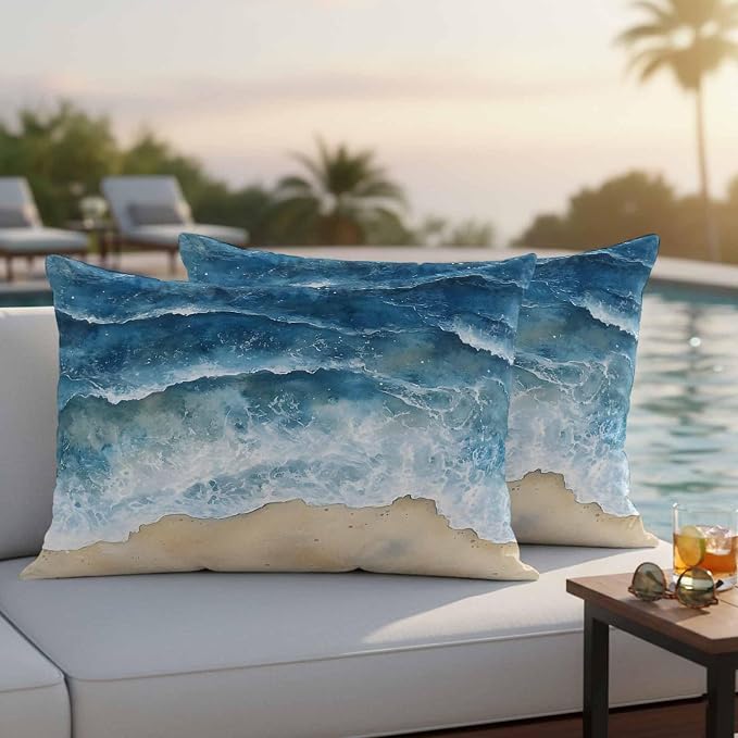 Abstract Waves Outdoor Waterproof Throw Pillow Covers Set of 2, 20"x12", Blue Ocean Spray Beach Watercolor Decorative Pillow Covers Outside Cushion Case for Patio Porch Garden