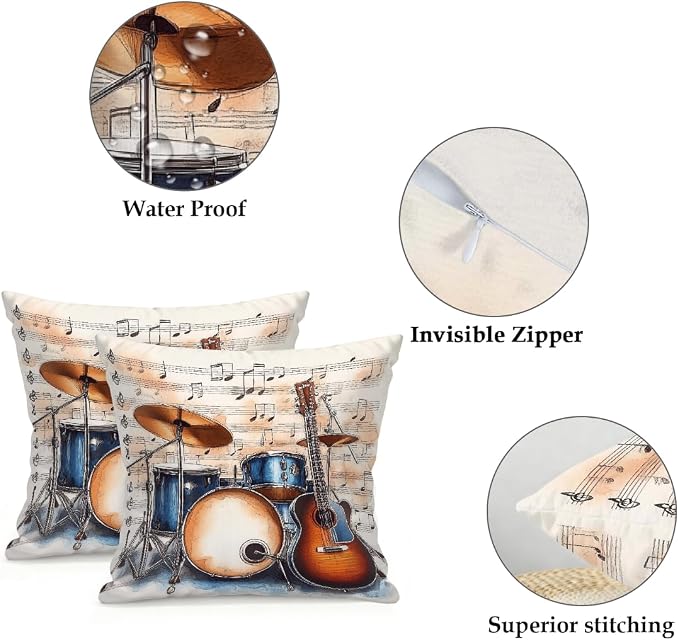 18x18 Inch Outdoor Pillow Covers Set of 2 Waterproof Throw Pillow Covers Decorative Couch Cushion Covers Music Guitar Drum Stand Square Pillowcases Protectors for Patio Garden Sofa