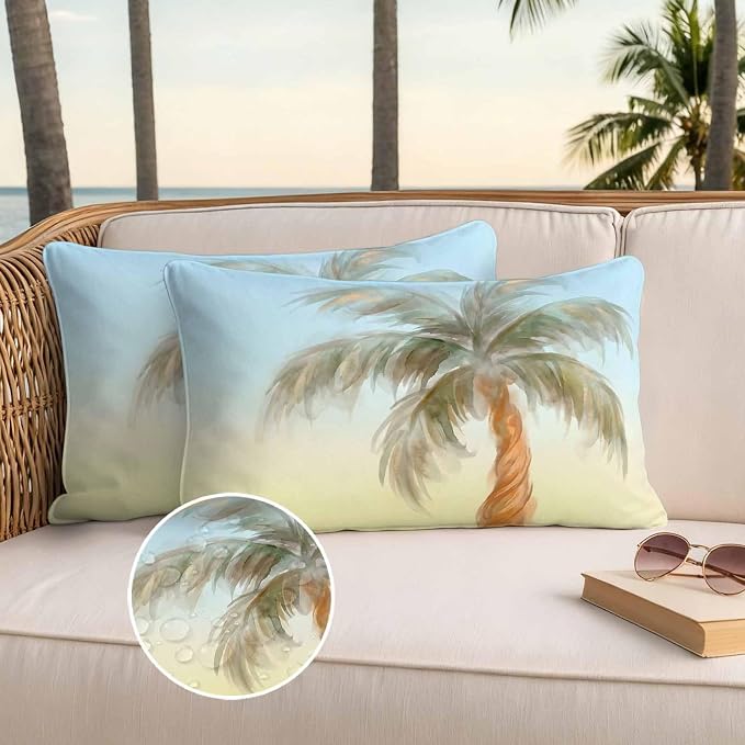 Yukro Summer Palm Tree Outdoor Waterproof Pillow Covers Pack of 2, Coastal Tropical Plant Watercolor Texture Throw Pillowcases Decorative Cushion Covers for Garden Patio Tent Sofa Couch, 20x12 inch