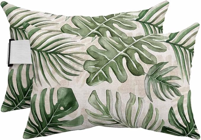 Pack of 4 Outdoor Lumbar Pillow Covers 11x16 Inch, Green Monstera Deliciosa Waterproof Throw Pillow Covers Set, Summer Botanical Tropical Vintage Decorative Cushion Cases for Patio Porch Car