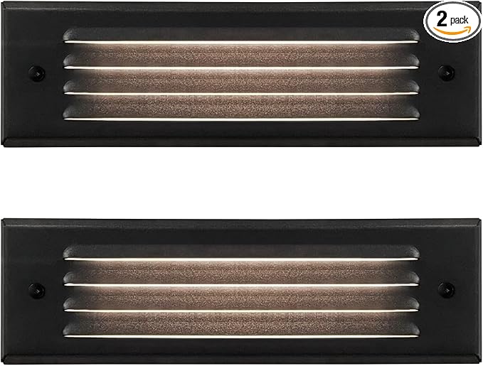 Low Voltage LED Step Lights, 4W 12V Surface Mount Light with Horizontal Louvered Faceplate, Steps Decks Pathway Stairs, 2700K IP65, Die-cast Aluminum, Black Powder Coated Finish, 2 Pack