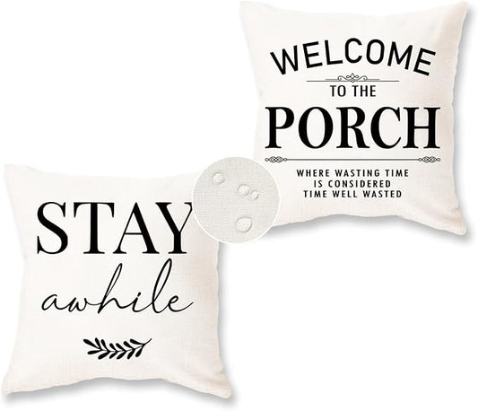 Welcome to Our Porch Stay Awhile Waterproof Outdoor Pillow Covers 18x18 Set of 2 Farmhouse Patio Furniture Decorations for Outside Garden Decor