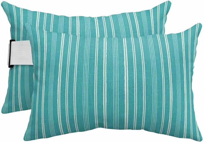 Pack of 2 Outdoor Lumbar Pillow Covers 11x16 Inch, Teal Striped Waterproof Throw Pillow Covers Set, Farmhouse Stripes Modern Vintage Indoor&Outdoor Decorative Cushion Cases for Patio Porch Car