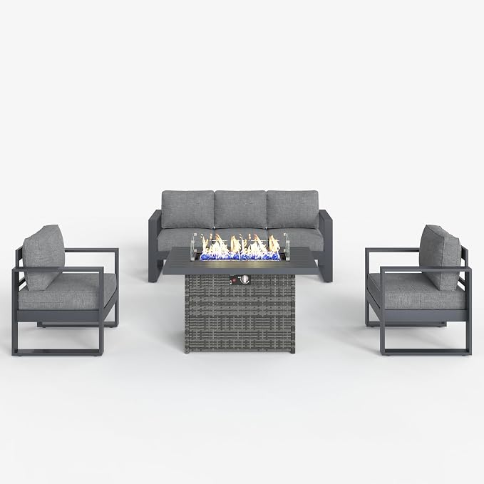 LayinSun 4 Pieces Aluminum Outdoor Patio Furniture Set, Metal Modern Conversation Sofa Set with Fire Pit Table and Washable Thick Cushions for Porch, Backyard, Deck