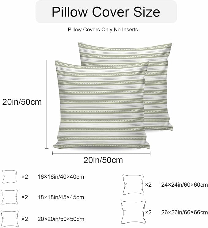 Boho Sage Green Stripe Waterproof Outdoor Pillow Covers Set of 2 Home Decor, Abstract Geometric White Minimalist Pillowcase Patio Pillow Covers for Couch Bench Furniture Garden 16x16in