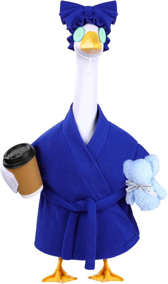 Celltestria Lady Goose Outfits for 23" Geese Blue Bathrobe Porch Goose Costume Coffee Cup Bear Cucumber Eye Mask Goose Clothes for Outdoor Patio Yard Lawn Garden Decoration