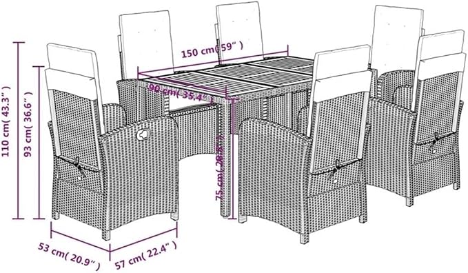 Afuera Living 7-Piece Rattan Garden Dining Set, Gray Finish, Weather-Resistant PE Rattan and Steel, Rectangular Table, 6 Reclining Chairs with Cushions, Modern Patio Furniture for Conservatory or