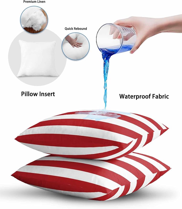 Waterproof Outdoor Pillow Set of 2 Red White Stripe Decorative Throw Pillows Cover & Insert 18x18 Inch Pillowcase Simple Style Striped Square Pillows for Couch Sofa Bed Patio Furniture Indoor Outdoor