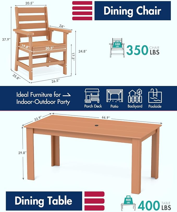 BRIOPAWS Outdoor-Dining-Table-Set | 3 Piece | HDPE | 2 Benches Chairs Sets for 4 | Patio Dinner Furniture | All Weather | Umbrella Hole | for Poolside Deck Backyard Outdoors | Teak
