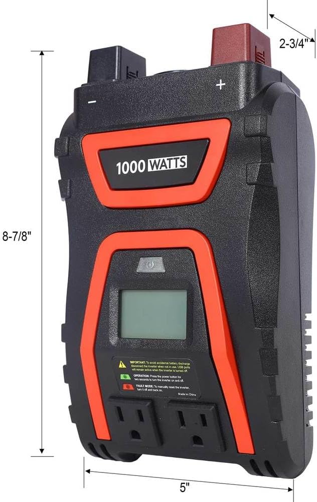 1000W Power Inverter, 12V DC to 115V AC, 2000W Peak, 2 AC Outlets, 2 USB (2.4A) + 1 Type-C (5V/3.1A), LCD Readout, Outside Blade Fuse, ETL Listed, Modified Sine - for Car, Truck, RV, Camping