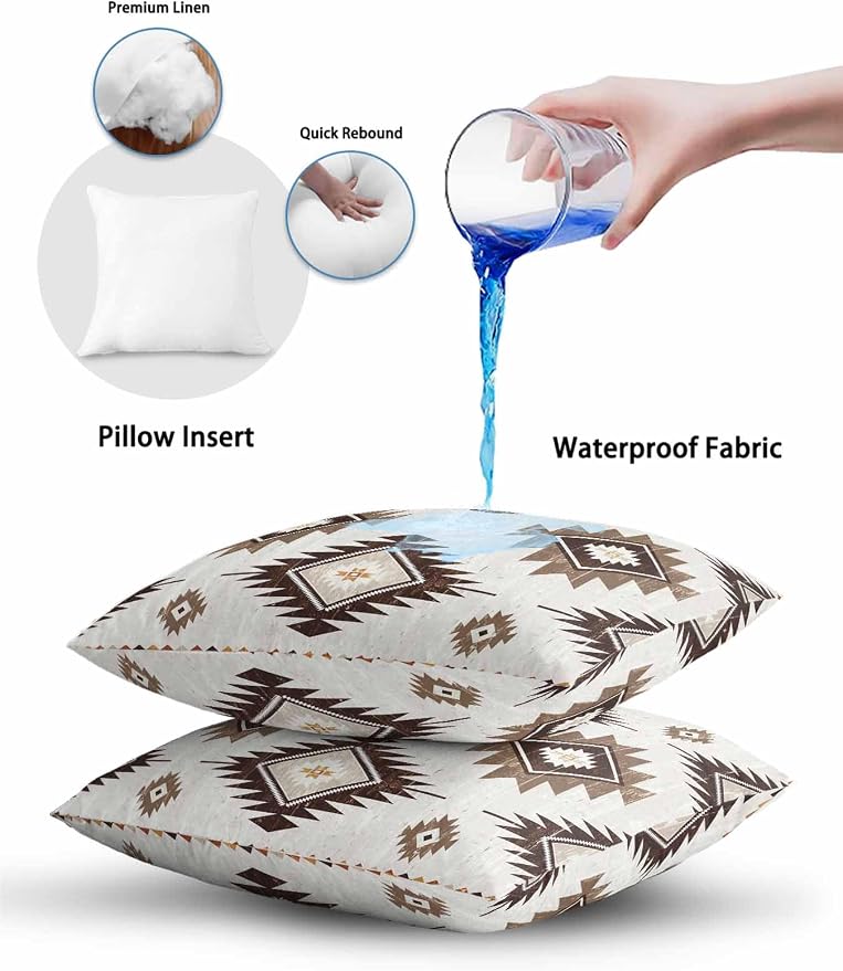 Waterproof Outdoor Pillow 1 Pack Brown Boho Aztec Decorative Throw Pillows Cover & Insert 16x16 Inch Pillowcase Southwest Tribal Style Square Pillows for Couch Sofa Bed Patio Furniture Indoor Outdoor