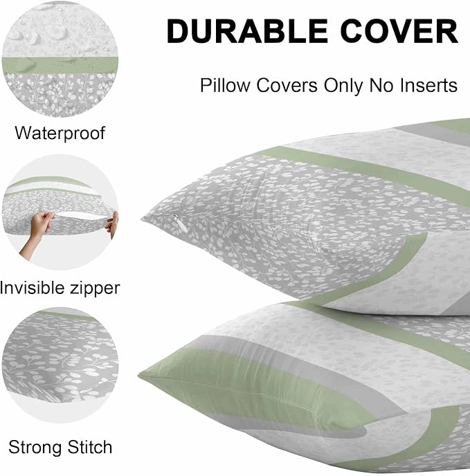 Farmhouse Flower Design Outdoor Pillow Covers 20x20in Pack of 2 Waterproof Pillowcase Green Grey White Stripe Stitching Decorative Throw Cushion Case for Patio Couch Sofa
