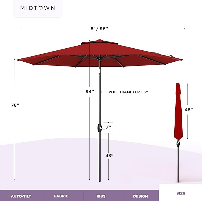 Midtown Umbrellas – The Lean 8 Ft Patio Umbrella with 10-Year-No-Fade Acrylast Acrylic Fabric, Auto-Tilt and 8 Reinforced Ribs for Deck, Pool, Garden, Hotel & Cafes – Regatta Red Canopy, Black Pole