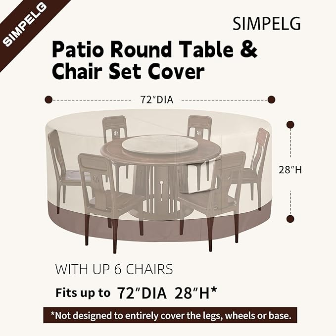Round Patio Furniture Covers Waterproof Outdoor Covers For Patio Furniture 600D Heavy Duty Oxford Uv Resistant Anti-Fading 72"DIA X 28"H Table Cover (Beige & Brown)