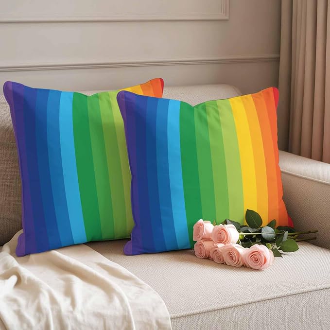 Outdoor Waterproof Throw Pillow Covers Set of 2 Rainbow Stripes Pillowcases 20x20 Inches Colorful Lines Striped Decorative Pillows Cushion Case Patio Pillows for Couch Bed Chair Garden