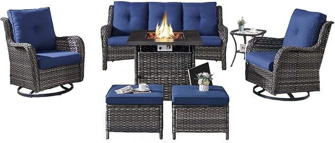 Belord Patio Furniture Set with Fire Pit Table,7 Piece Wicker Outdoor Furniture Set, Swivel Rocker Chairs with Ottomans and Sofa, All Weather Patio Conversation Set, for Pool,Yard,Gray Wicker/Blue
