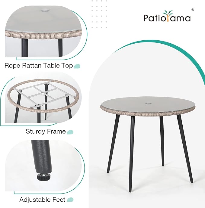 Patiorama 5-Piece Patio Dining Set, Outdoor Dining Table Chair Set, All-Weather Embossed Rattan Wicker Rope Conversation Set w/Umbrella Hole, Patio Furniture Set, 4 Cushioned Chairs&Glass Table(Beige)