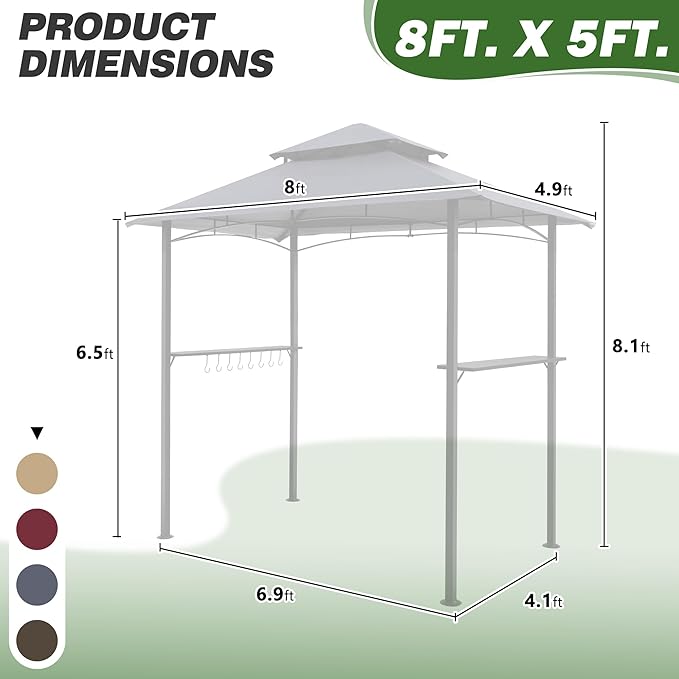GARTOO 8'x5' Outdoor Grill Gazebo - Double Roof BBQ Gazebo Canopy with 2 Side Shelves and LED Lights, Patio BBQ Pergola Shelter for Garden, Porch and Backyard (Grey)