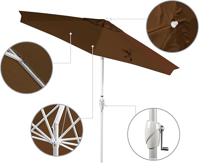 California Umbrella 12-Year Protection 9' Rd Aluminum Patio Umbrella, Crank Lift, Auto Tilt, White Finish, Sunbrella Cocoa