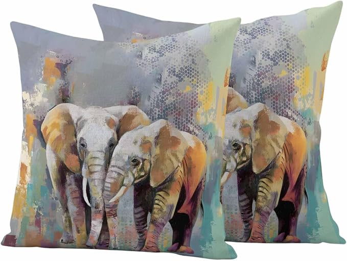 Elephants Outdoor Pillow Covers 16"x16" Set of 2, Animal Abstract Splatters Bohemian Waterproof Throw Pillow Covers for Patio Furniture, Decorative Cushion Covers for Porch