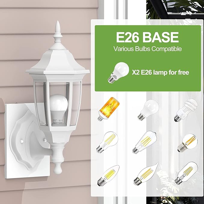 EMART Plastic Outdoor Wall Light Fixtures, Porch Sconces(2 Pack, White) | Include Bulbs, Waterproof and Anti-Corrosion, Wall Mount for Outside, Garage, Front Door, House, Patio