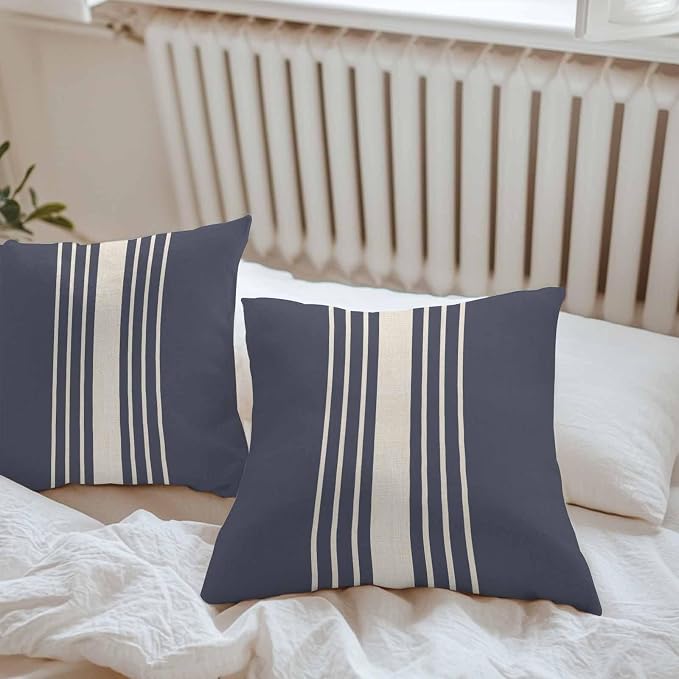 Vandarllin Outdoor Throw Pillows Covers 20x20 inch Set of 2 Waterproof Blue Vertical Stripes Decorative Zippered Cushion Covers for Patio Furniture, Classic Striped Linen Lumbar Pillowcases