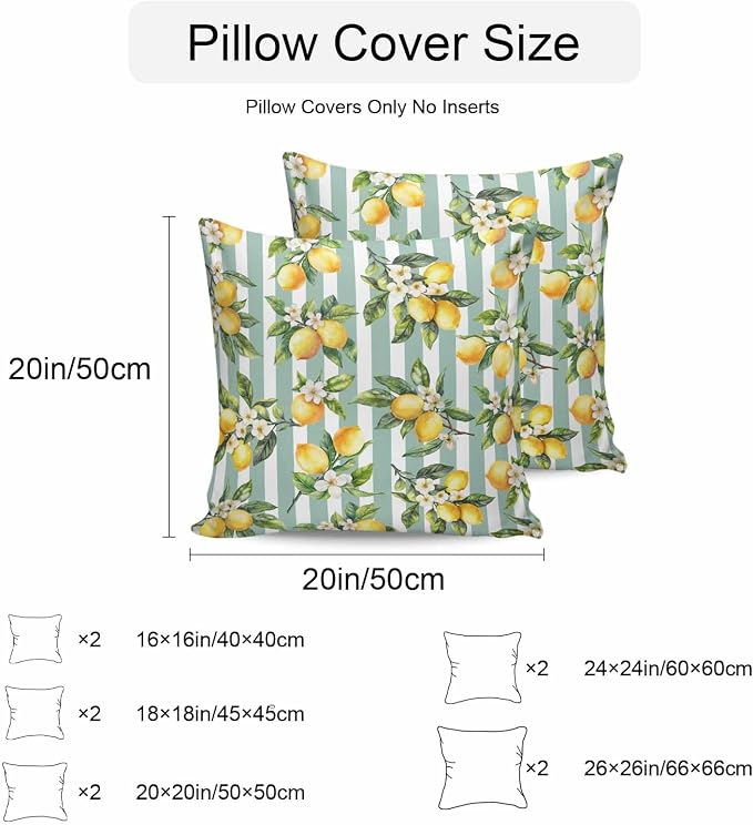 Yellow Lemon Waterproof Outdoor Pillow Covers Set of 2 Home Decor, Spring Botanical Floral Leaves Aqua Stripes Pillowcase Patio Pillow Covers for Couch Bench Furniture Garden 24x24in