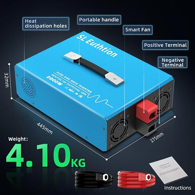 2000W Pure Sine Wave Power Inverter Voice Control AI Voice Assistant Support English 24V to 120V 60HZ with LCD Display, USB Port, for Car Home Laptop Truck