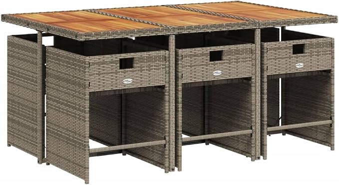 7 Piece Patio Dining Set, Outdoor Garden Rattan Table and 6 Chairs with Foldable Backrest, Space-Saving Cube Furniture for Backyard, Porch, Deck, Grey