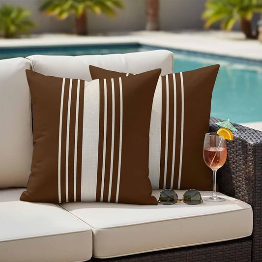 Brown Beige Striped Outdoor Pillow Covers 26x26 Inch Throw Pillow Covers Set of 2 Waterproof Decorative Pillow Cases Modern Farmhouse Retro Lines Cushion Covers for Patio Furniture Garden Couch Sofa