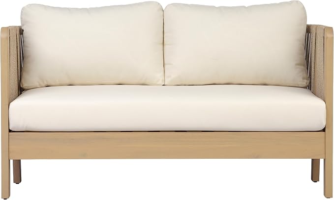 Christopher Knight Home Dalba 4-Seater Patio Furniture Set with Removable Cushion, 5 Piece Outdoor Acacia Wood Conversation Set, Wooden Outdoor Sectional Sofa Set, Beige+Light Teak