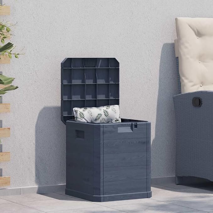 Garden Storage Box 90L Anthracite Plastic Deck Box with Wood Grain Texture, Compact Outdoor Storage Bin for Patio Cushions Tools and Accessories, 16.7 x 16.7 x 19.7 Inches