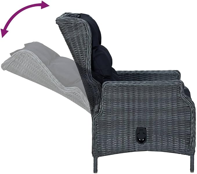7 Piece Patio Dining Set Dark Gray Poly Rattan with 6 Reclining Chairs, Outdoor PE Rattan Dining Table & Chairs with Adjustable Backrest and Cushions for Garden, Deck, Backyard, Black Steel Frame