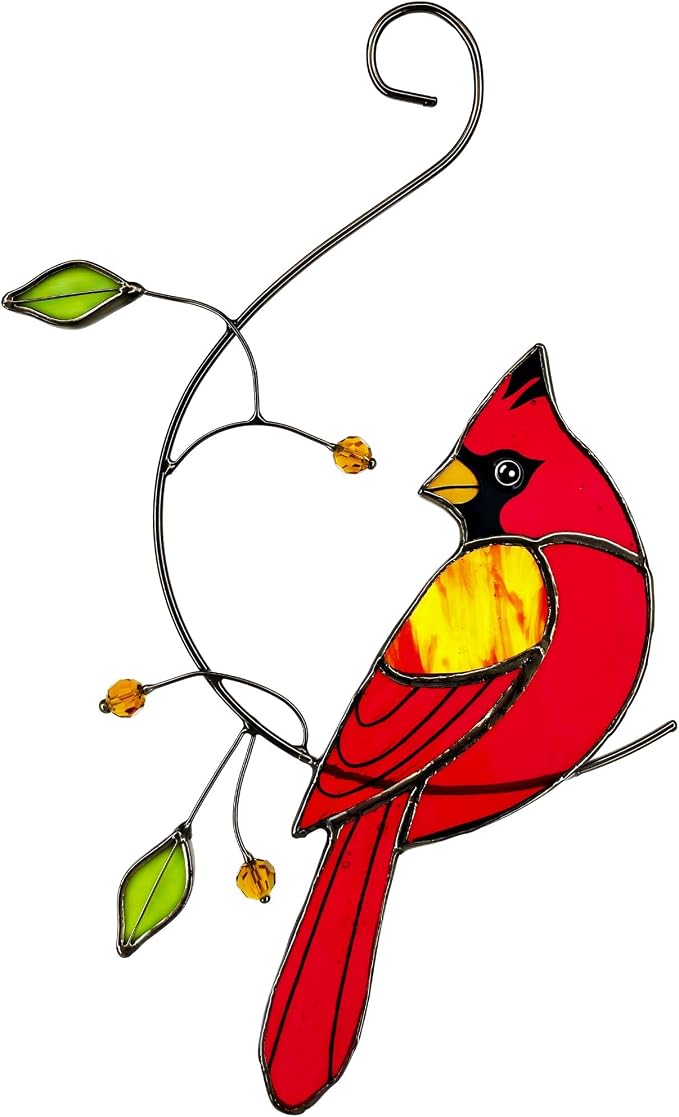 Cardinal Stained Glass Sun Catcher Window Hanging - Handmade Memorial Gifts for Grandma, Women, Mothers Day Ornament (Gifts Ready Packaging) - Red Bird Stain Glass Suncatcher Indoor Decor