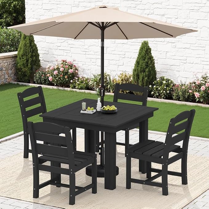 KINGYES HDPE Outdoor Dining Set for 4 with Umbrella, 6-Piece Square Patio Table & Armless Chairs, All-Weather for Backyard, Garden, Lawn & Poolside, Black