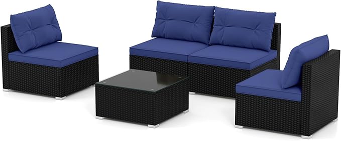 RELAX4LIFE 5-Piece Outdoor Patio Furniture Set, Rattan Sectional Sofa Set w/Glass-Top Coffee Table, Soft Seat & Back Cushions, Bistro Set for Garden Backyard Porch, Wicker Conversation Set (Navy)