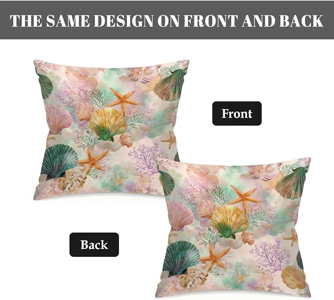 16x16 Inch Outdoor Pillow Covers Set of 2 Waterproof Throw Pillow Covers Decorative Couch Cushion Covers Watercolor Seashells Square Pillowcases Protectors for Patio Garden Sofa