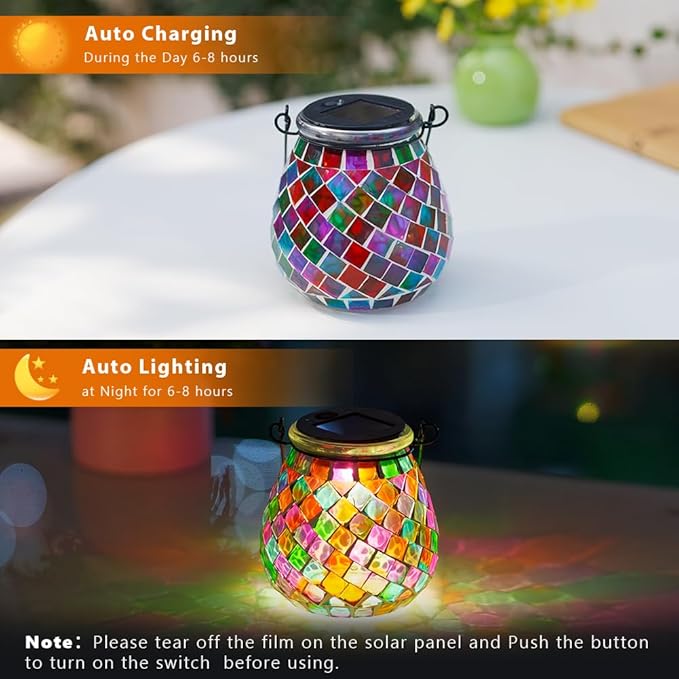 Stargarden 2 Pack Mosaic Solar Lanterns Outdoor Waterproof, Colorful Glass Hanging Lantern Decorative Solar Lights for Yard, Patio, Lawn, Gaden Decor