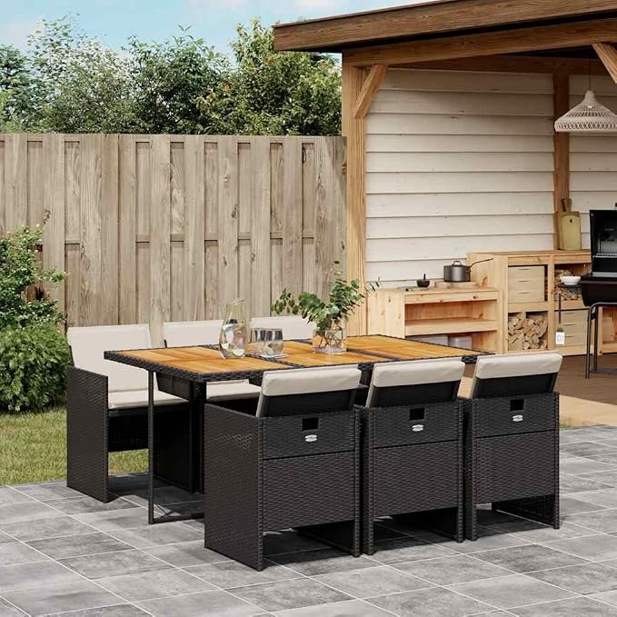 7-Piece Outdoor Dining Set, PE Rattan Patio Furniture Set with Acacia Wood Table Top and 6 Cushioned Chairs, Modern Garden Table and Chairs Set for Backyard, Deck and Terrace, Black and Brown