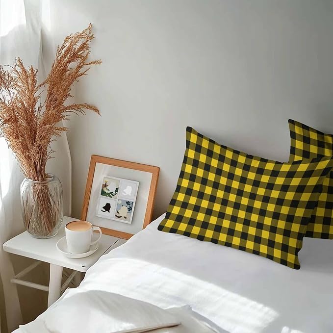 Outdoor Waterproof Throw Pillow Covers Set of 2 Yellow Buffalo Plaid Lumbar Pillowcases 20x12 Inches Pastoral Black Checked Decorative Pillows Cushion Case Patio Pillows for Couch Bed Chair Garden