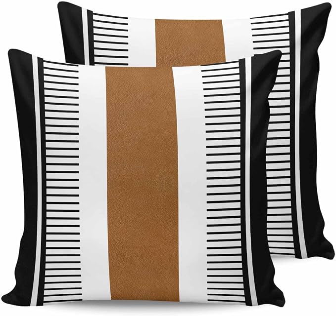 Outdoor Waterproof Throw Pillow Covers 24x24in, Farmhouse Cushions for Garden Patio Furniture Chairs Set of 2, Boho Black Brown Home Decor Couch Sofa Polyester Pillow Cases