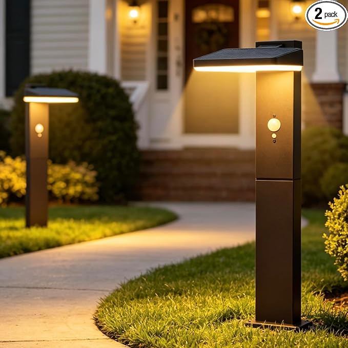 Solar Pathway Lights Outdoor Waterproof, Motion Sensor Lights 2PCS | Aluminum, 20" Tall, 600LM Super Bright, Adjustable Head, Dusk to Dawn 12+ Hour Battery Life, Suitable for Lawns or Concrete