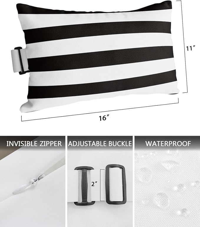 Outdoor Pillow for Chaise Lounge Chair, Simple Stripe Black and White Waterproof Headrest Pillow Lumbar Pillows with Insert & Adjustable Elastic Strap for Beach, Poolside, Patio, Office (2 Pack)