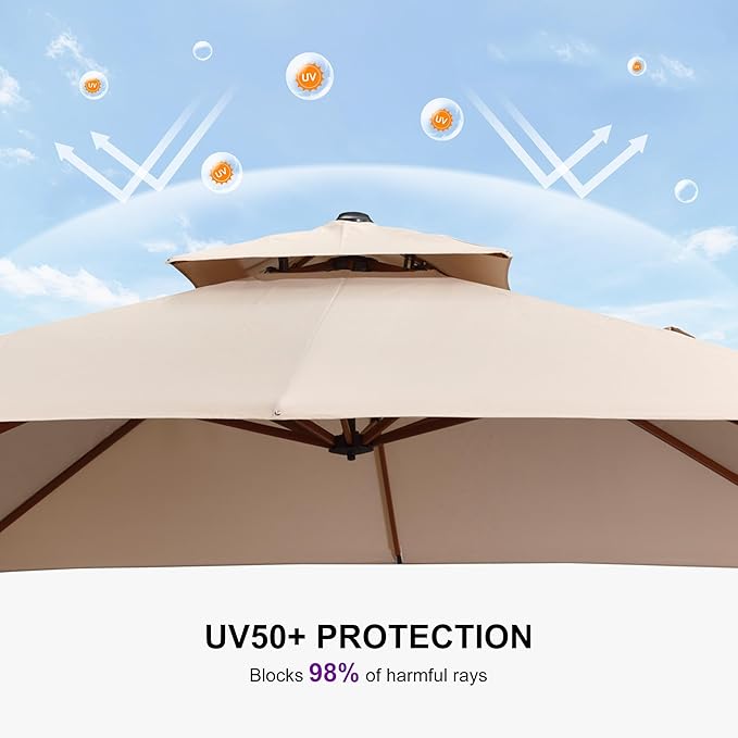 PURPLE LEAF 9' X 12' Double Top Deluxe Wood Pattern Rectangle Patio Umbrella Offset Hanging Umbrella Outdoor Market Umbrella Garden Umbrella, Beige